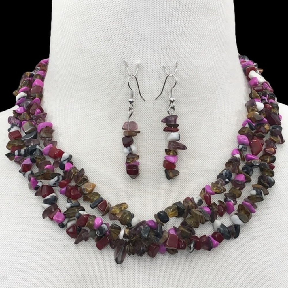 3 Row Layered Stone Chip Multicolor Necklace Earrings Set